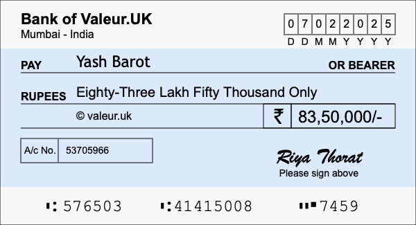 How to write a cheque for 83.5 lakh rupees