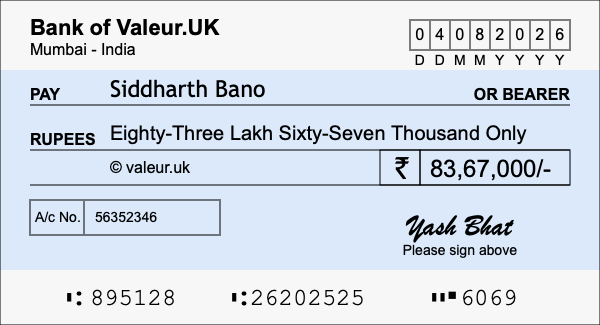 How to write a cheque for 83.67 lakh rupees