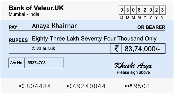 How to write a cheque for 83.74 lakh rupees