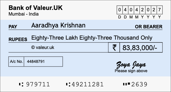 How to write a cheque for 83.83 lakh rupees