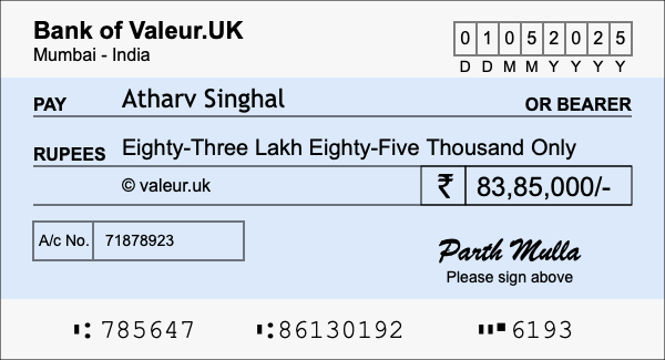 How to write a cheque for 83.85 lakh rupees