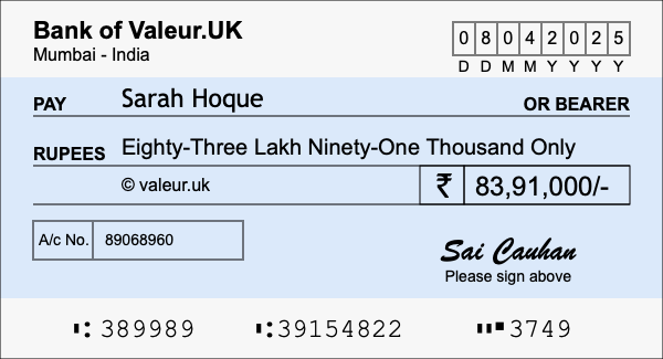 How to write a cheque for 83.91 lakh rupees