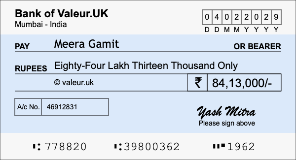 How to write a cheque for 84.13 lakh rupees