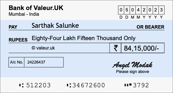 How to write a cheque for 84.15 lakh rupees