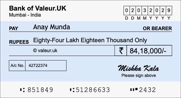 How to write a cheque for 84.18 lakh rupees