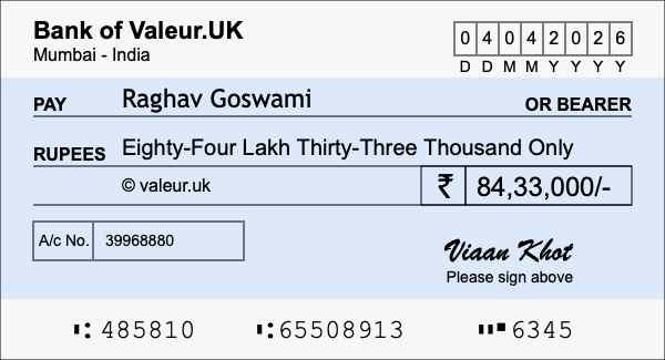 How to write a cheque for 84.33 lakh rupees