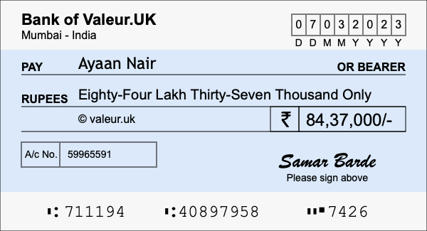 How to write a cheque for 84.37 lakh rupees
