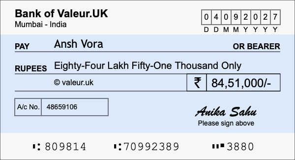 How to write a cheque for 84.51 lakh rupees