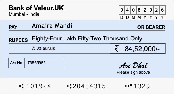 How to write a cheque for 84.52 lakh rupees
