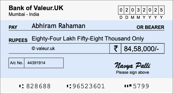 How to write a cheque for 84.58 lakh rupees