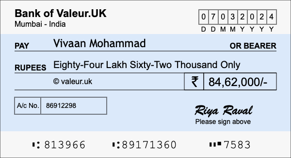 How to write a cheque for 84.62 lakh rupees