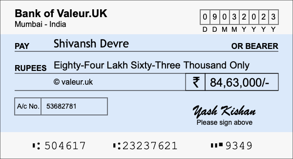 How to write a cheque for 84.63 lakh rupees