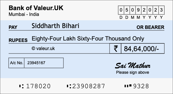 How to write a cheque for 84.64 lakh rupees