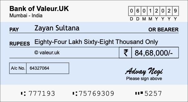 How to write a cheque for 84.68 lakh rupees