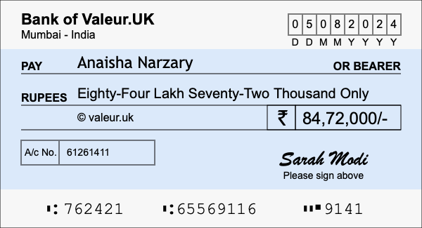 How to write a cheque for 84.72 lakh rupees