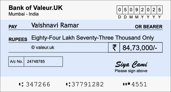 How to write a cheque for 84.73 lakh rupees