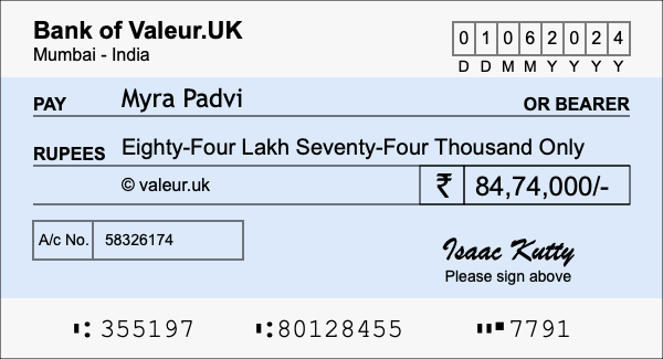 How to write a cheque for 84.74 lakh rupees