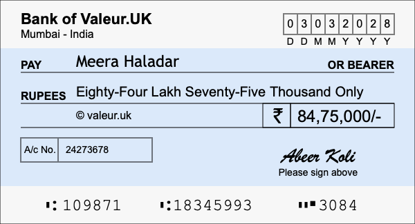 How to write a cheque for 84.75 lakh rupees