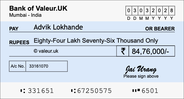 How to write a cheque for 84.76 lakh rupees