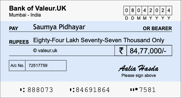 How to write a cheque for 84.77 lakh rupees