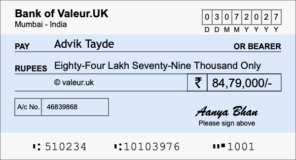 How to write a cheque for 84.79 lakh rupees