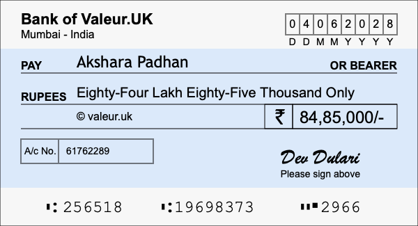 How to write a cheque for 84.85 lakh rupees