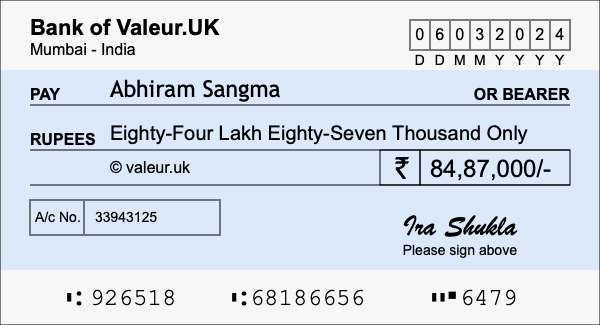 How to write a cheque for 84.87 lakh rupees