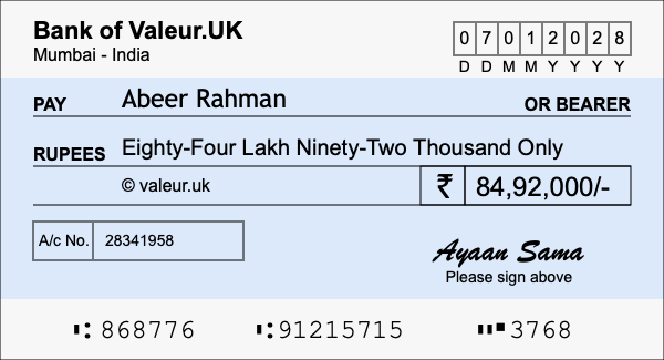 How to write a cheque for 84.92 lakh rupees
