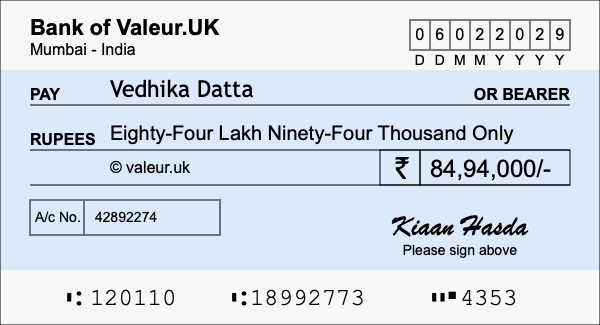How to write a cheque for 84.94 lakh rupees