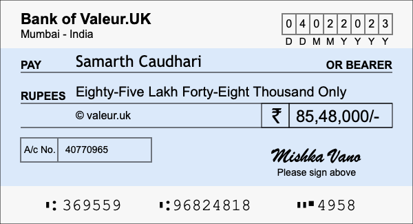 How to write a cheque for 85.48 lakh rupees