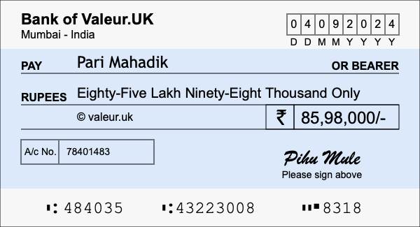 How to write a cheque for 85.98 lakh rupees