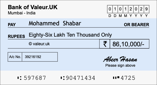 How to write a cheque for 86.1 lakh rupees
