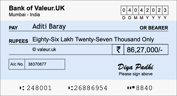 How to write a cheque for 86.27 lakh rupees