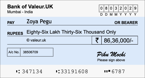 How to write a cheque for 86.36 lakh rupees