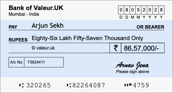 How to write a cheque for 86.57 lakh rupees