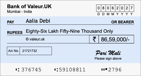 How to write a cheque for 86.59 lakh rupees