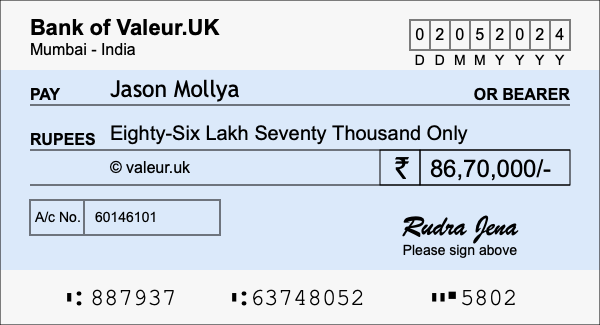 How to write a cheque for 86.7 lakh rupees