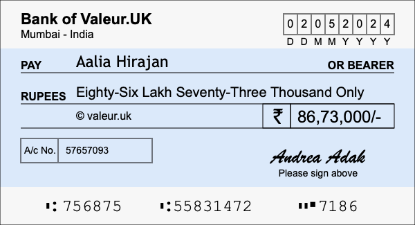 How to write a cheque for 86.73 lakh rupees