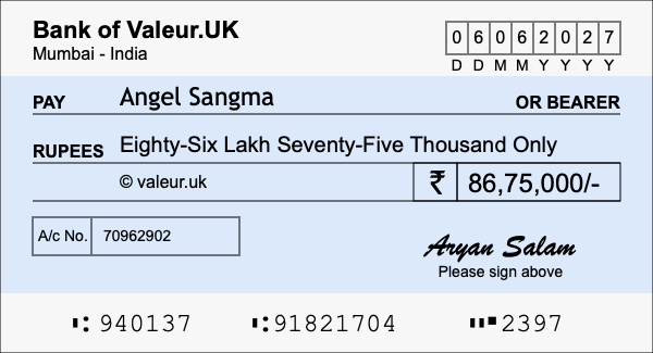 How to write a cheque for 86.75 lakh rupees