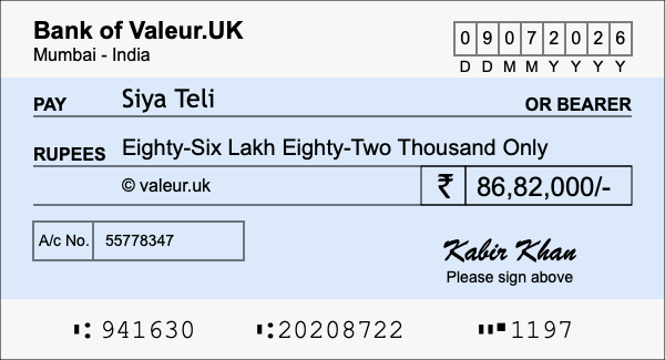 How to write a cheque for 86.82 lakh rupees