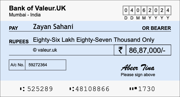 How to write a cheque for 86.87 lakh rupees