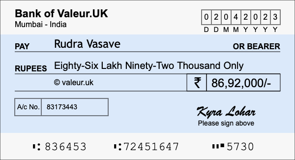 How to write a cheque for 86.92 lakh rupees