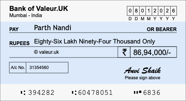 How to write a cheque for 86.94 lakh rupees