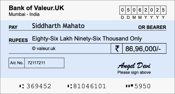 How to write a cheque for 86.96 lakh rupees