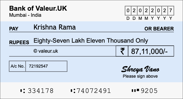 How to write a cheque for 87.11 lakh rupees How to write a cheque for 87.11 lakh rupees