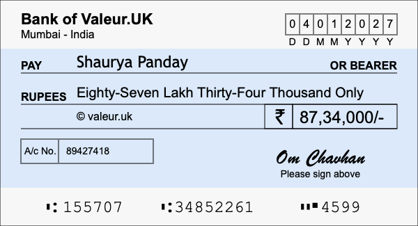 How to write a cheque for 87.34 lakh rupees How to write a cheque for 87.34 lakh rupees