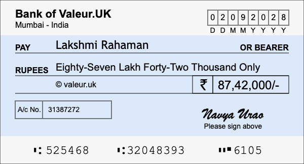 How to write a cheque for 87.42 lakh rupees How to write a cheque for 87.42 lakh rupees