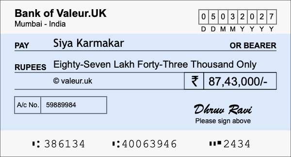 How to write a cheque for 87.43 lakh rupees How to write a cheque for 87.43 lakh rupees