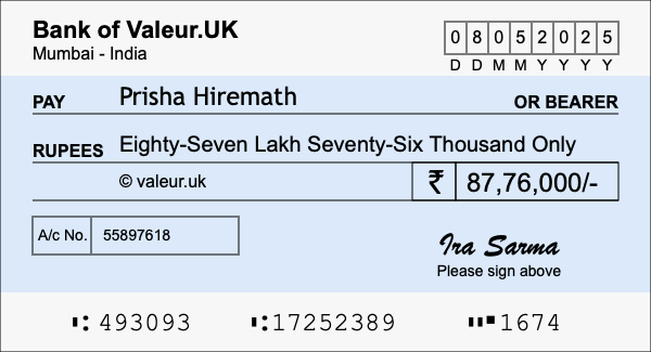 How to write a cheque for 87.76 lakh rupees