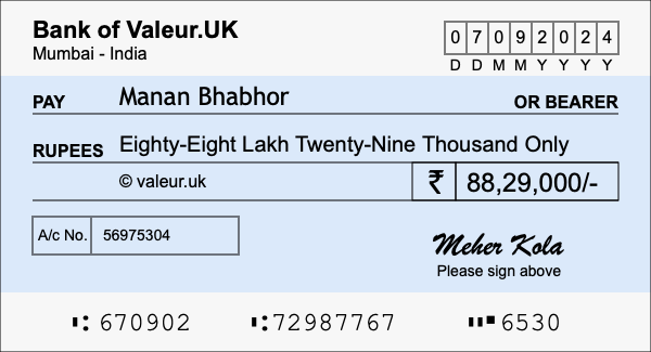 How to write a cheque for 88.29 lakh rupees